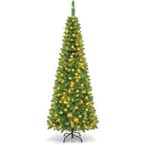 imageGoplus 7ft Prelit Artificial Christmas Tree Hinged Fir Pencil Christmas Tree with 350 LED Lights Perfect Xmas Decoration for Indoor and OutdoorGreen