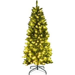 imageGoplus 7ft Prelit Artificial Christmas Tree Hinged Fir Pencil Christmas Tree with 350 LED Lights Perfect Xmas Decoration for Indoor and OutdoorWarm White
