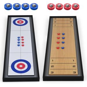 imageGoplus Shuffleboard and Curling 2 in 1 Board Game Portable 2 Sided Tabletop Shuffle Board Game with 8 Rolling Pucks Wooden Shuffleboard and Curling Combo Game Set for Adults