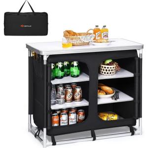 image:imageGoplus Camping Table with Storage Aluminum Portable Camp Kitchen Cabinet Table with Carrying Bag Lightweight Outdoor Cooking Table for Picnic Tailgating Beach BBQ Party RV Black