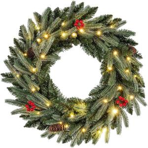 image:imageGoplus 24 Inch PreLit Christmas Wreath Battery Operated Lighted Artificial Winter Xmas Wreaths for Front Door with Pine Cones Red Berries 20 Warm White LED Lights Windows Wall Mantel DecorGreen With Red Berries