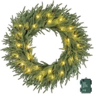 image:imageGoplus 24 Inch PreLit Christmas Wreath Battery Operated Lighted Artificial Winter Xmas Wreaths for Front Door with Pine Cones Red Berries 20 Warm White LED Lights Windows Wall Mantel DecorGreen