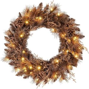 image:imageGoplus 24 Inch PreLit Christmas Wreath Battery Operated Lighted Artificial Winter Xmas Wreaths for Front Door with Pine Cones Red Berries 20 Warm White LED Lights Windows Wall Mantel DecorBrown