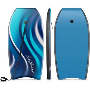 image:imageGoplus 413733 Lightweight Body Board for Beach Surf Board with EPS Core XPE Deck HDPE Slick Bottom Wrist Leash Bodyboard for Kids Adults SurfingBlue Wave