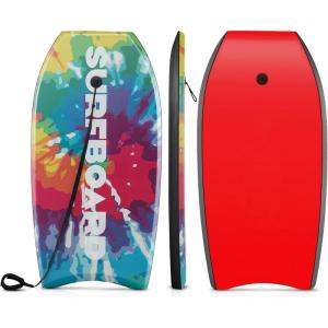 image:imageGoplus 413733 Lightweight Body Board for Beach Surf Board with EPS Core XPE Deck HDPE Slick Bottom Wrist Leash Bodyboard for Kids Adults SurfingRainbow Ink