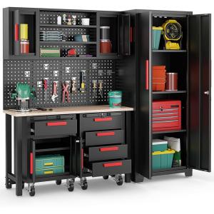 image:imageGoplus Garage Cabinets and Storage System 6Piece Garage Organization Cabinets Set with Rubber Wood Worktop Pegboard 2 Rolling Chests Lockers Tool Storage Chest for Workshop 815 x 185 x 76