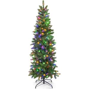 image:imageGoplus 5ft PreLit Pencil Christmas Tree Hinged Artificial Slim Xmas Tree with 180 Warm White amp MultiColor LED Lights 10 Light Modes 390 Branch Tips Metal Stand for Home Office DecorPencil Tree 5ft