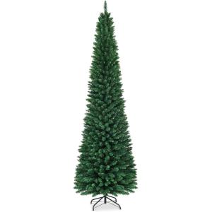 image:imageGoplus 9ft Pencil Christmas Tree Unlit Artificial Slim Xmas Tree with PVC Branch Tips Foldable Sturdy Metal Stand for Home Office School Shop Decoration9ft