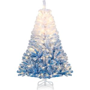 image:imageGoplus 5 FT Snow Flocked Christmas Tree Artificial Unlit Hinged Xmas Full Tree with 456 Lush Branch Tips Foldable Metal Stand Home Office Decoration Pink Gradient amp WhiteBlueprelit