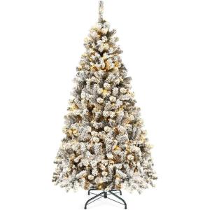 image:imageGoplus 5 FT Snow Flocked Christmas Tree Artificial Unlit Hinged Xmas Full Tree with 456 Lush Branch Tips Foldable Metal Stand Home Office Decoration Pink Gradient amp WhiteSnowyprelit