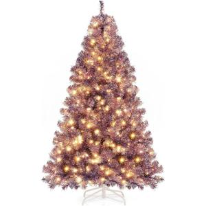 image:imageGoplus 5 FT Snow Flocked Christmas Tree Artificial Unlit Hinged Xmas Full Tree with 456 Lush Branch Tips Foldable Metal Stand Home Office Decoration Pink Gradient amp WhitePurple
