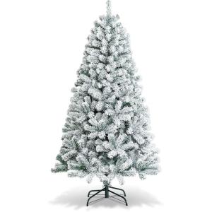 image:imageGoplus 5 FT Snow Flocked Christmas Tree Artificial Unlit Hinged Xmas Full Tree with 456 Lush Branch Tips Foldable Metal Stand Home Office Decoration Pink Gradient amp WhiteSnowy