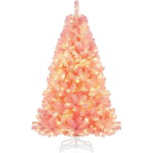 image:imageGoplus 5 FT Snow Flocked Christmas Tree Artificial Unlit Hinged Xmas Full Tree with 456 Lush Branch Tips Foldable Metal Stand Home Office Decoration Pink Gradient amp WhitePink