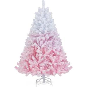 image:imageGoplus 5 FT Snow Flocked Christmas Tree Artificial Unlit Hinged Xmas Full Tree with 456 Lush Branch Tips Foldable Metal Stand Home Office Decoration Pink Gradient amp WhitePink Gradient