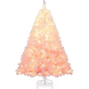 image:imageGoplus 5 FT Snow Flocked Christmas Tree Artificial Unlit Hinged Xmas Full Tree with 456 Lush Branch Tips Foldable Metal Stand Home Office Decoration Pink Gradient amp WhitePinkprelit
