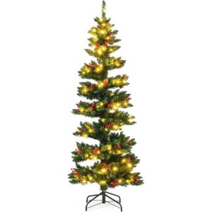 image:imageGoplus 7 FT PreLit Spiral Christmas Tree Artificial Xmas Tree with 791 Branch Tips 220 Warm White LED Lights 8 Modes 60 Pine Cones Red Berries Metal Stand Home Office Party Holiday DecorationGreen With Pine Cones