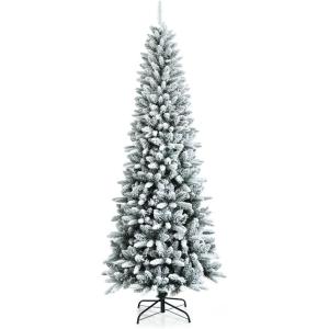 image:imageGoplus 4ft PreLit Flocked Pencil Christmas Tree Artificial Slim Xmas Tree with 225 PVC Branch Tips 100 LED Lights 2 Lighting Colors Timer amp 11 Modes for Indoor Home Office DecorSnowy
