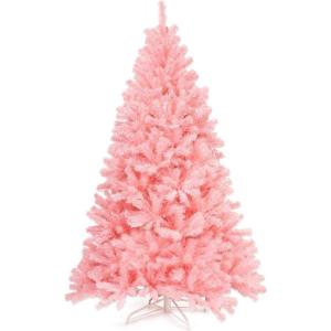 image:imageGoplus 4ft PreLit Flocked Pencil Christmas Tree Artificial Slim Xmas Tree with 225 PVC Branch Tips 100 LED Lights 2 Lighting Colors Timer amp 11 Modes for Indoor Home Office DecorPink