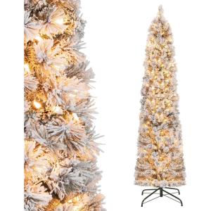 image:imageGoplus 4ft PreLit Flocked Pencil Christmas Tree Artificial Slim Xmas Tree with 225 PVC Branch Tips 100 LED Lights 2 Lighting Colors Timer amp 11 Modes for Indoor Home Office DecorSnowyprelit