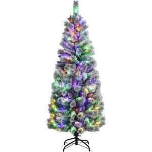 image:imageGoplus 4ft PreLit Flocked Pencil Christmas Tree Artificial Slim Xmas Tree with 225 PVC Branch Tips 100 LED Lights 2 Lighting Colors Timer amp 11 Modes for Indoor Home Office DecorFull Tree