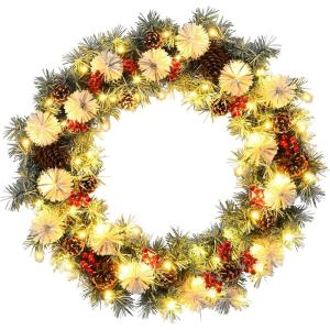 image:imageGoplus 30 Prelit Christmas Wreath Snow Flocked Lighted Xmas Wreath w 50 LED Lights Timer Pine Cone and Red Berries Battery Operated Front Door Artificial Wreath for Holiday Festival DecorationSnow Flocked