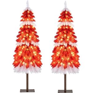 image:imageGoplus 4ft Flocked White Christmas Tree for Entrances Prelit Artificial Xmas Tree wWarm White LED Lights Flowers amp White Berries in Black Urn Base Porch Festival Holiday DecorationRedwhitebrown