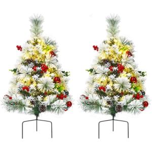 image:imageGoplus 4ft Flocked White Christmas Tree for Entrances Prelit Artificial Xmas Tree wWarm White LED Lights Flowers amp White Berries in Black Urn Base Porch Festival Holiday DecorationSnow