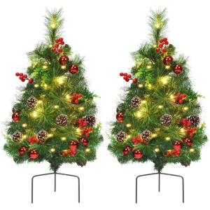 image:imageGoplus 4ft Flocked White Christmas Tree for Entrances Prelit Artificial Xmas Tree wWarm White LED Lights Flowers amp White Berries in Black Urn Base Porch Festival Holiday DecorationGreen