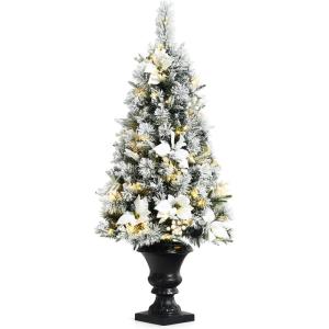 image:imageGoplus 4ft Flocked White Christmas Tree for Entrances Prelit Artificial Xmas Tree wWarm White LED Lights Flowers amp White Berries in Black Urn Base Porch Festival Holiday DecorationWhite