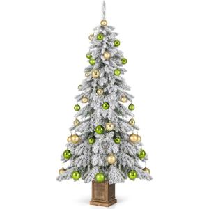 image:imageGoplus 4ft Flocked White Christmas Tree for Entrances Prelit Artificial Xmas Tree wWarm White LED Lights Flowers amp White Berries in Black Urn Base Porch Festival Holiday DecorationSnowy