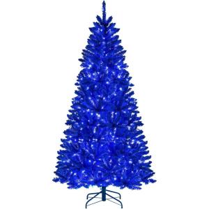 image:imageGoplus 7 FT PreLit Royal Blue Snow Flocked Christmas Tree Artificial Hinged Xmas Tree with 340 LED Lights 900 Branch Tips 3 Modes Timer Remote Metal Base Home Office Holiday DecorationRoyal Blue