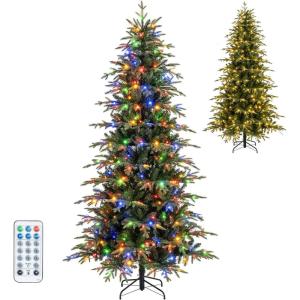 image:imageGoplus 7 FT PreLit Royal Blue Snow Flocked Christmas Tree Artificial Hinged Xmas Tree with 340 LED Lights 900 Branch Tips 3 Modes Timer Remote Metal Base Home Office Holiday DecorationMulticolored With Mixed Tips