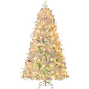 image:imageGoplus 7 FT PreLit Royal Blue Snow Flocked Christmas Tree Artificial Hinged Xmas Tree with 340 LED Lights 900 Branch Tips 3 Modes Timer Remote Metal Base Home Office Holiday DecorationWhite and Blue