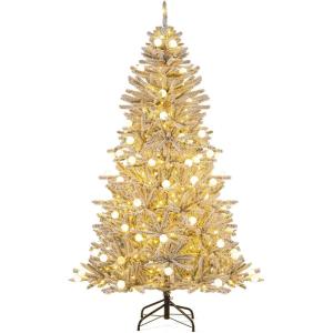 image:imageGoplus 7 FT PreLit Royal Blue Snow Flocked Christmas Tree Artificial Hinged Xmas Tree with 340 LED Lights 900 Branch Tips 3 Modes Timer Remote Metal Base Home Office Holiday DecorationWhite