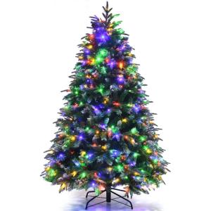 image:imageGoplus 7 FT PreLit Royal Blue Snow Flocked Christmas Tree Artificial Hinged Xmas Tree with 340 LED Lights 900 Branch Tips 3 Modes Timer Remote Metal Base Home Office Holiday DecorationGreen Pine Tree