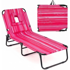 image:imageGoplus Tanning Chair Folding Beach Lounge Chair with Face Hole Removable Pillow Carry Strap Position Adjustable Sunbathing Chair Portable Outside Lounge Chair for Patio Pool 1 RedPink Stripe