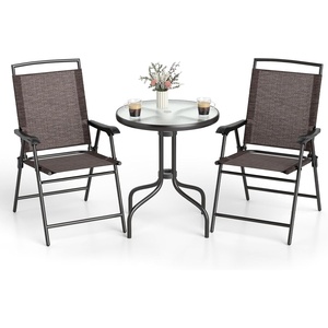 image:imageGoplus Bistro Table and Chairs Set of 2 Outdoor 3 Piece Patio Bistro Set with 157 Umbrella Hole Tempered Glass Tabletop 2 Folding Chairs Small Patio Furniture Dining Set for Garden BalconyBrownsimple Backrest