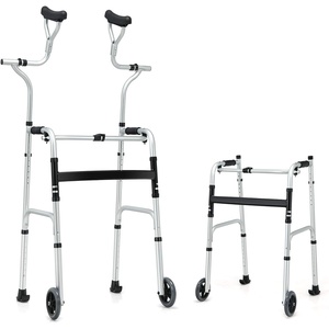image:imageGoplus Foldable Standard Walker Aluminum Alloy Rehabilitation Auxiliary Walker w5 Wheels Foamed Axillary Support SledStyle Foot Mat Height Adjustable Walking Mobility Aid for Elderly